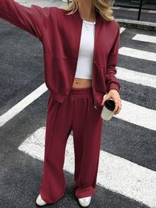 GAOVOT Bộ đồ nữ áo nỉ hai mảnh thu/đông thường ngày đi làm thường ngày đi chơi phố cổ đứng áo khoác cardigan và quần ống rộng ống đứng rộng rãi - Màu Đỏ Sâu - Xem 9