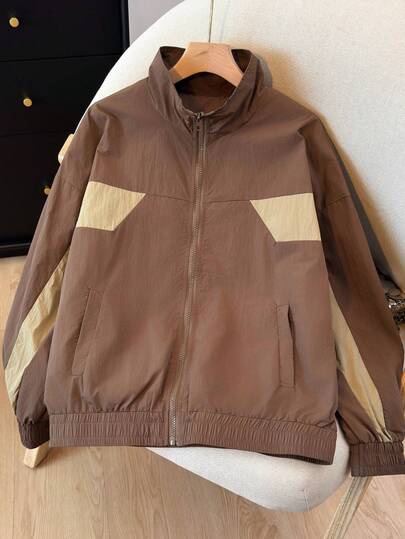 Veste décontractée pour femmes, col montant rétro avec colorblock personnalisé, doublée, avec poches, convient pour les sports de plein air, vêtement de mode pour l'automne/l'hiver