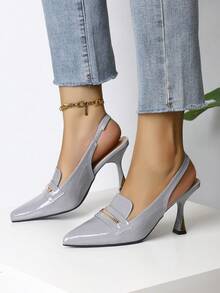 Women's Gray Patent Leather Slingback Heels Pointed Toe Heel Pumps - Xám - Xem 1