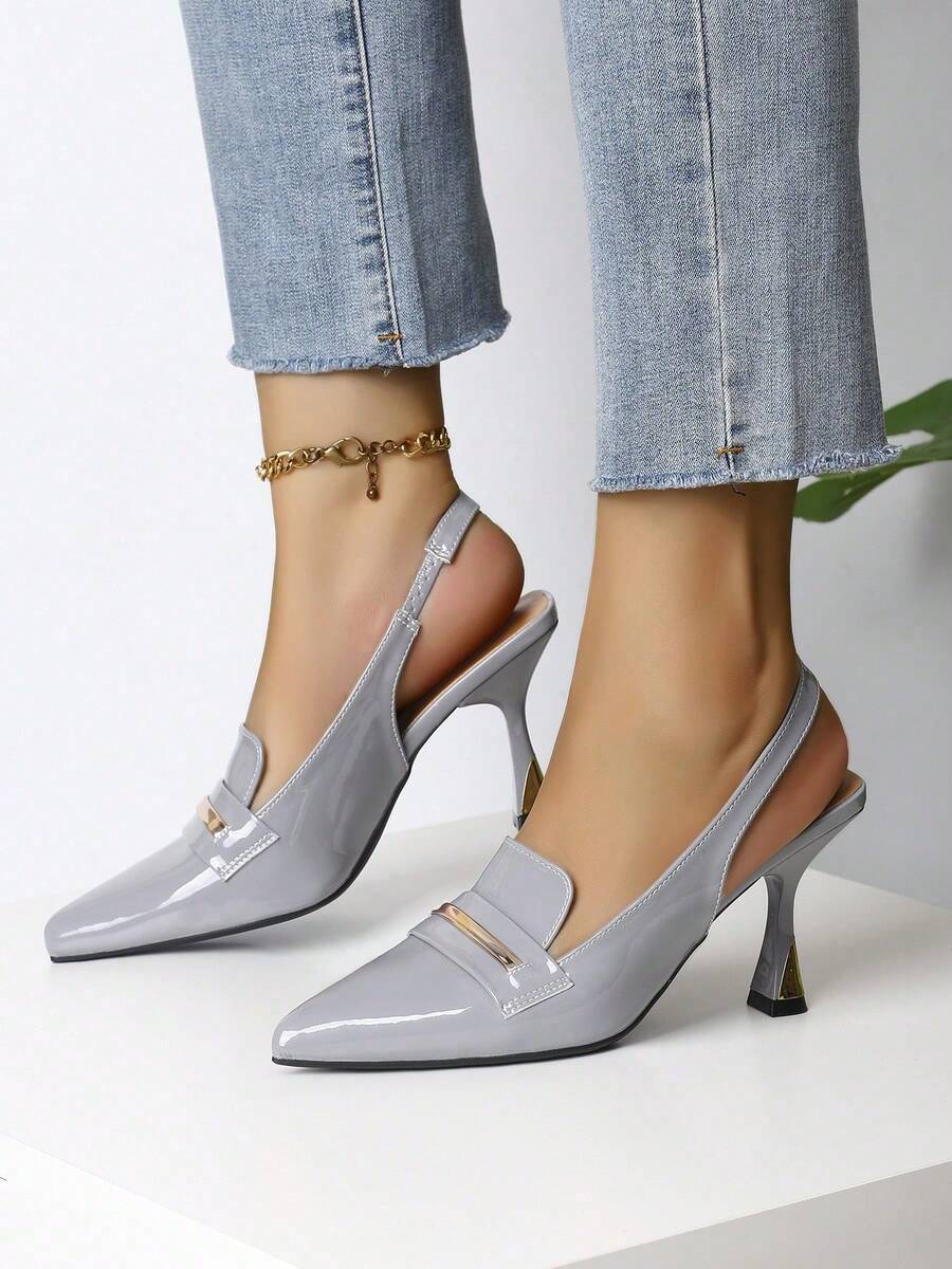 Women's Gray Patent Leather Slingback Heels Pointed Toe Heel Pumps - Xám - Xem 1