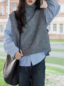 Women's French Niche Solid Color Pullover Sweater Vest, Suitable For Autumn/Winter - Grey - View 4