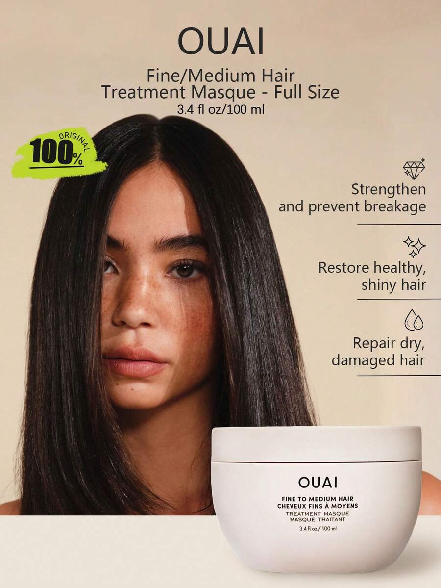 OUAI 細/中髮質護髮面膜，不油膩細/中髮用髮膜，沙龍級滋養護理，使頭髮柔軟絲滑強韌且豐盈，易沖洗，長效順滑，禮品 100ml/3.4 Fl.Oz