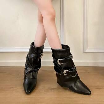 Punk Style Metal Buckle Rivet Decor Solid Color Pointed Toe Mid-Calf Flat Heel Boots For Women, Edgy Street Fashion, Versatile Black Dress Boots For Autumn/Winter