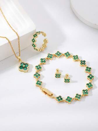 4pcs/Set Fashionable Luxury Lucky Clover Shaped Copper Zirconia Open Ring, Earrings, Bracelet, Necklace Jewelry Set