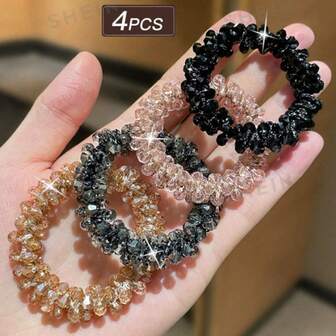 4件套女士彩色水晶弹力发圈，复古优雅风格，夏季沙滩配饰，适合各种发型，也可作手链佩戴。日常休闲及户外佩戴，夏季配饰套装，沙滩必备，四季皆宜的头饰，学校用品，万圣节装饰，节日必备头饰，弹力发圈，马尾发圈，发圈，橡皮筋，发绳