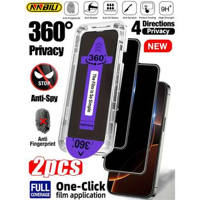 2片装360°隐私保护钢化玻璃屏幕保护膜，兼容 17/17 Air/17 Pro/16e/16/16 Pro/16 Plus/16 Pro Max/15/14/13/12/11系列 | 自动对齐，防尘 | 新手也能轻松安装 | 四向防窥 | 防指纹 | 防刮花