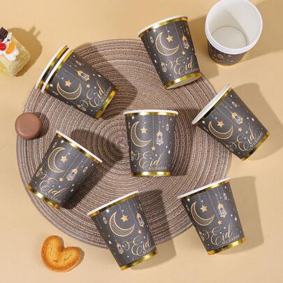 10/20/40pcs,Black And Gold Foil Eid Mubarak Paper Cups Ramadan Muslim Disposable Coffee Cups Bulk Gold Foil Cup Hot Cold Beverage Drinking Cups For Eid Islamic Party Supplies Decorations