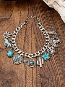 1 Pc Western Cowgirl Style Charm Bracelet Cactus Horse Cowboy Boots Cross Charms Bracelets Western Country Style Jewelry - Western Cactus Cowboy Boots Cross Bracelet - View 4
