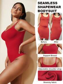 1件装女士无缝塑身连体衣，丁字裤底，瘦身塑形连体衣，收腹连体衣，塑身衣，束腰带 - 紅色 - 查看 4