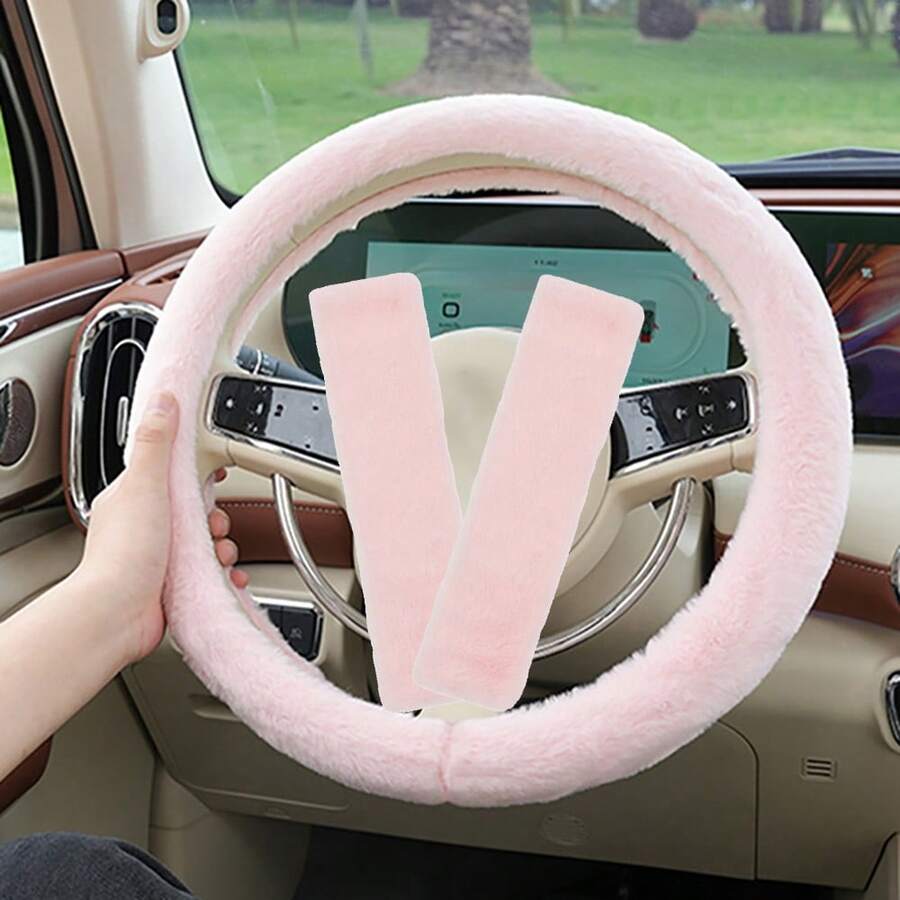 Soft Plush Car Interior Accessory Set, Steering Wheel Cover + Seat Belt Shoulder Pads, Fluffy Car Accessories - one-size - View 1