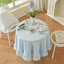 1pc Ruffled Ins Style Tablecloth, White Picnic Background Cloth, Floral Edge Round Tablecloth, Dessert Display Tabletop Cloth, Tea Table Cloth - Multicolor - View 8