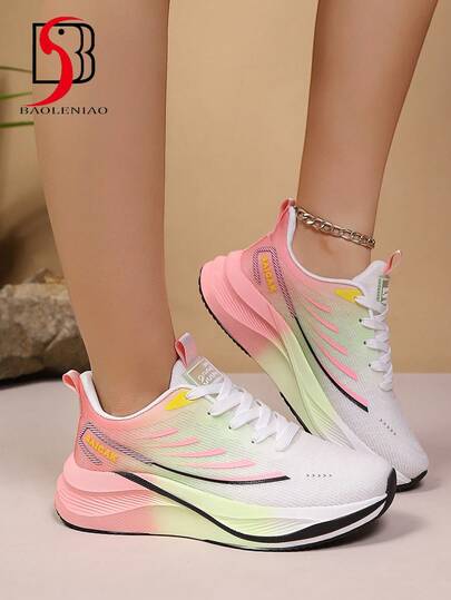 Women's New Lightweight & Fashionable Sneakers - Comfortable, Non-Slip, Breathable. Shock-Absorbing Running Shoes, Lace-Up Tennis Shoes, Lightweight Breathable Colorful Soft Sole, Gradient Color Design, Low-Top MD Outsole, Suitable For All-Day Wear