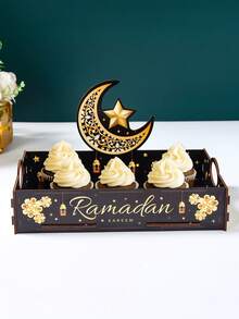 1个开斋节木质托盘，斋月新月星形图案托盘，糖果盘和水果拼盘，可重复使用，斋月家居装饰，开斋节装饰，斋月开斋节派对用品，厨房和餐桌装饰，开斋节伊斯兰节日，斋月派对装饰，宰牲节礼物，桌面装饰，厨房收纳 - 黑金 - 查看 7