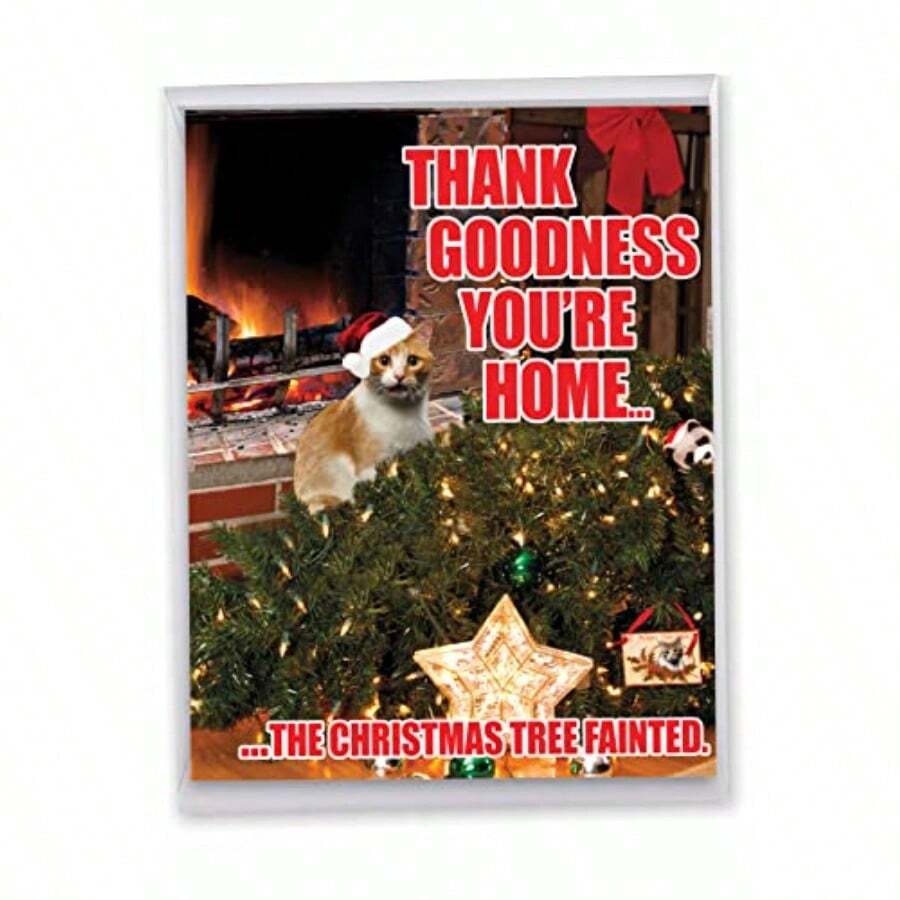 P-XSJumb-PetRR NobleWorks Jumbo Pet/RedRocket tarjetas de felicitación de Navidad Tree Fainted-Cat Humor Jumbo Christmas Card - como en la foto - Ver 1