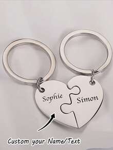 1pc Personalized Interlocking Heart Puzzle Keychain - Custom Couple Names Engraved, Romantic Gift For Valentine's Day, Anniversary, Wedding, Birthday - Matching Love Token For Couples, Him & Her - Durable Metal-Like Design With Heart-Shaped Pieces & Key Ring - Multicolor - View 3