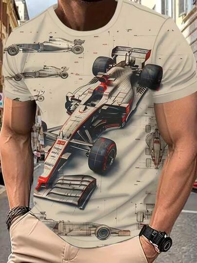 3D Racing Car Graphic T-Shirt For Men - Casual Crew Neck, Stretchy Fabric, Detailed Car Design, Regular Fit, Suitable For Car Enthusiasts, Casual Wear | Sportswear | Comfortable Fit, Racing T-Shirt