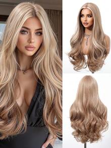 Peluca sintética ondulada de 28 pulgadas de largo con degradado de marrón, raya al medio, rubio claro, rizos largos para mujeres para uso diario, fiestas, cosplay, vacaciones, Halloween, Navidad, Año Nuevo, festivales de música, regalos para niñas, regalos de graduación de verano, regalos preparados, regalos de Halloween y Navidad - Resaltar marrón - Ver 2