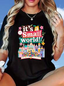 Its A Small World Disney Theme Park T-Shirt Women Cute Cartoon Print Summer Casual Top For Girls And WomenDisney Fun Print, Merry Christmas, New Year, Christmas Party Dress, Women's Round Neck T-Shirt, 220g - 黑色 - 查看 4