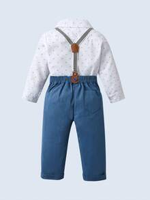 BOARNSEORL 2 件套男婴绅士装，长袖随机印花衬衫，配领结和围兜裤，时尚，适合生日派对、婚礼、洗礼、1 岁生日 - 藍色 - 查看 3