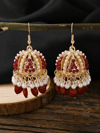 Fashionable Red Earrings,Retro Bollywood Style Burgundy Jewelry For Women's Daily Wear
