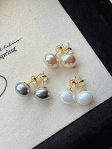3 Pairs Elegant Retro Minimalist Chic Vintage Muffin Round Faux Pearl Earrings Set, Delicate High-End Versatile Earrings Suitable For Women's Daily And Holiday Wear - Multicolor - View 7