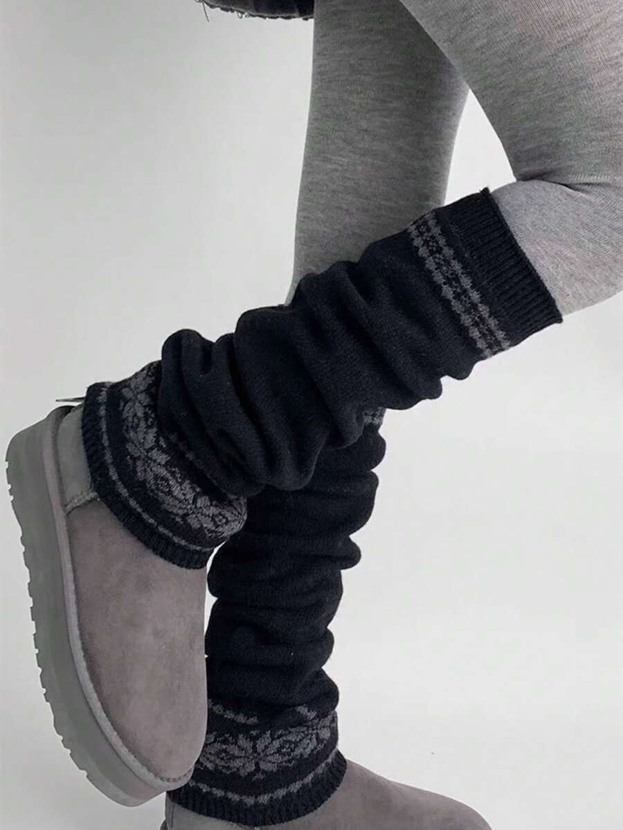 1双日式风格女士加厚雪花针织腿套，适合秋冬季穿着 - 彩色 - 查看 1