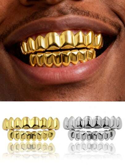2件装嘻哈风牙套，牙齿装饰，男士牙套，吸血鬼万圣节假牙饰品