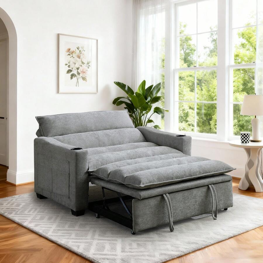 KORSER 3 In 1 Convertible Sleeper Sofa Bed, Pull Out Couch With Side Pockets & Cup Holders, Loveseat Reclining Sofa Bed With Adjustable Backrest For Living Room Bedroom, Chenille - Màu xám đen - Xem 1