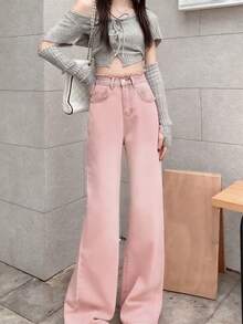休闲做旧喇叭裤，带斜插口袋 - 粉色 - 查看 5