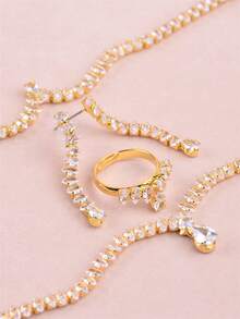 CORUIXI 1 套女士时尚方晶锆石波浪金项链套装，泪珠形和马蹄形首饰套装，适合婚礼、派对、礼物