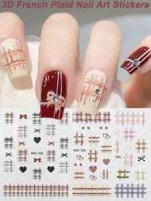 3D French Plaid Nail Stickers, Y2K Checkered Bow Heart Sweet & Kawaii Nail Decals,Brown Beige Textured Checkered Nail Art Decoration,DIY Nail Salon Sticker - Multicolor - View 13