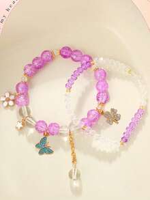 2Pcs/Set Fashionable Diamond-Encrusted Butterfly Four-Leaf Clover Pendant Bracelet, Cartoon Sweet Princess Layered Jewelry Set - one-size - View 8