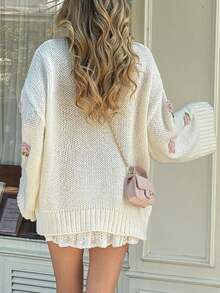 Just Masa Damen Winter Neue Lässige Weiße Locker Bestickte Blumen Alltagskleidung Süßer Rundhals Langarm Strickpullover, Weiß - Weiss - Übersicht 2