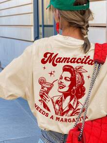 Camiseta casual de mujer con cuello redondo y manga corta con estampado de letras, camiseta gráfica, primavera/verano - Albaricoque - Ver 1