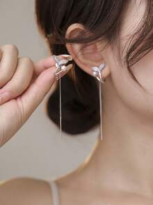 1对珍珠流苏耳环，银色水钻耳坠，独特设计，优雅配饰（不含礼盒） - 銀色 - 查看 7