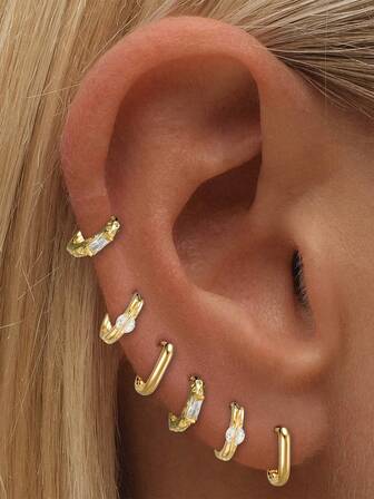 Shescity 6件套 时尚精致几何图案锆石镶嵌百搭女士单耳耳环