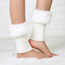 Pair Of Short Fur-Like Lined Knit Leggings - Winter Elastic Cuff Boots, Combining Warmth And Style, Perfect Outdoor Activity Accessory, Ideal Gift, Keeping Legs Warm In Winter, Soft Texture Cover, Available In Two Colors - trắng - Xem 2