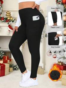 Plus Size Leggings With Pockets High Waisted Velvet Solid Color Black Leggings, Yoga Pants Gym & Winter High Waist Thermal Lined Leggings - màu đen - Xem 4