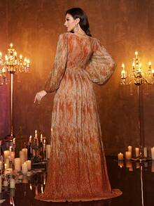 女式方领灯笼袖褶饰闪亮优雅派对晚礼服 - 橘色 - 查看 2