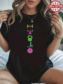 1PC 100% Cotton Fitness Gym Workout Graphic Print Women's Short Sleeve TShirt, Perfect Birthday, Holiday Gift. - Black - View 1