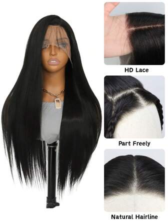Black Long Straight Synthetic Lace Front Wigs Pre Plucked For  24 Inches 150 Density