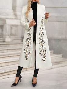 Women's Casual Embroidered Stand Collar Long Cardigan Jacket - White - View 6