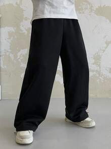 1件青少年男童休闲百搭舒适时尚运动裤，松紧腰直筒宽松版型，保暖内里，适合春、夏、秋、冬四季穿着。 - 黑色 - 查看 2