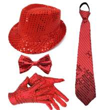 DEXCEED 4 Pcs 70s Disco Sequin Costume Kit With Hat, Tie, Gloves & Bow Tie For Party Night, Stage Looks, Cosplay, Halloween Dress-Up,Valentine's Day Costume - Multicolor - View 9