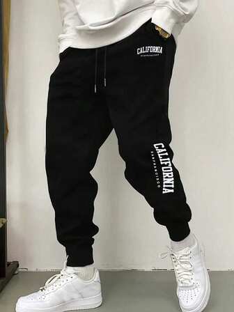 男士抽绳运动裤，薄款松紧腰运动裤，透气字母印花，秋冬，秋季