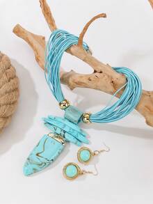 Dây chuyền sáp dệt bằng dây nhôm thủ công nhiều lớp phóng đại Phong cách Bohemian Châu Âu và Mỹ Trung Đông Châu Âu Phiên bản Hàn Quốc Tiệc tối Ngày lễ Phụ nữ Dây sáp Dây chuyền hình sừng bò bằng nhựa - Màu ngọc lam - Xem 7