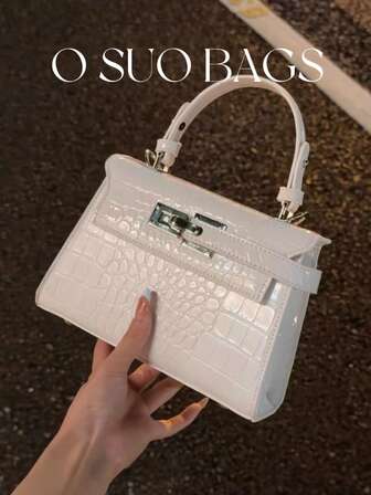 1 件女士新款时尚鳄鱼纹压花手提包，配有肩带和金属装饰，休闲方形托特包，斜挎包，适合通勤、街头风格、日常购物和工作