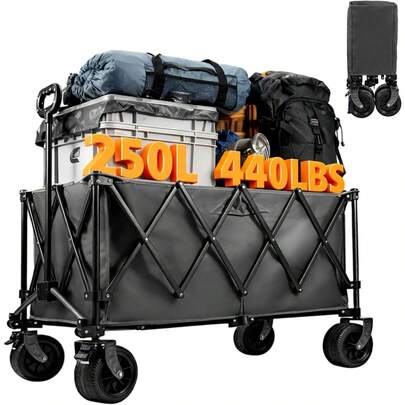 Heavy Duty Foldable Camping Trolley On Wheels, 250L Beach & Festival Wagon With Adjustable Handle, All-Terrain Cart For Outdoor, Hiking & Household Use – Black