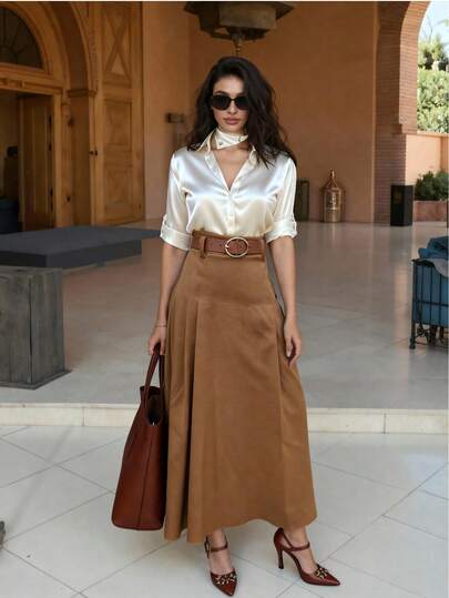 Falda recta larga con bolsillos de tela tejida para mujer, estilo elegante y casual