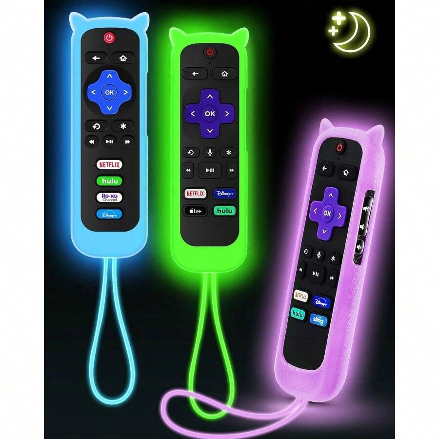 AWYY3Pcs Cover For Roku Remote With Cat Ears Design Silicone Skin Case Compatible With Hisense/ Roku TV Steaming Stick/Express Universal Replacement Controller. Glow In The Dark Green/Blue/Purple - 藍光綠光紫光 - 查看 1